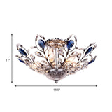 Modern Metallic Peacock Tail Semi Flush Ceiling Light With Crystal Drops - 6 Lights In Gold/Chrome