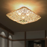 Japanese Rattan Square Flush Ceiling Light With 3 Heads – Wood Bedroom Mount Lighting