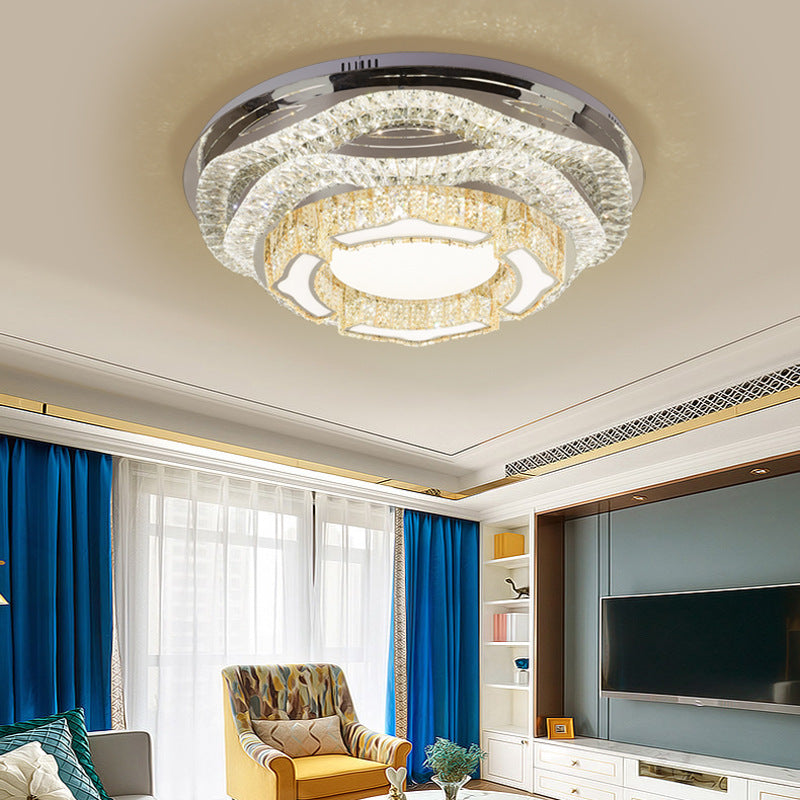 Modern Led Crystal Dome Flush Mount Ceiling Light In Chrome With Star/Gyro Pattern For Living Room -