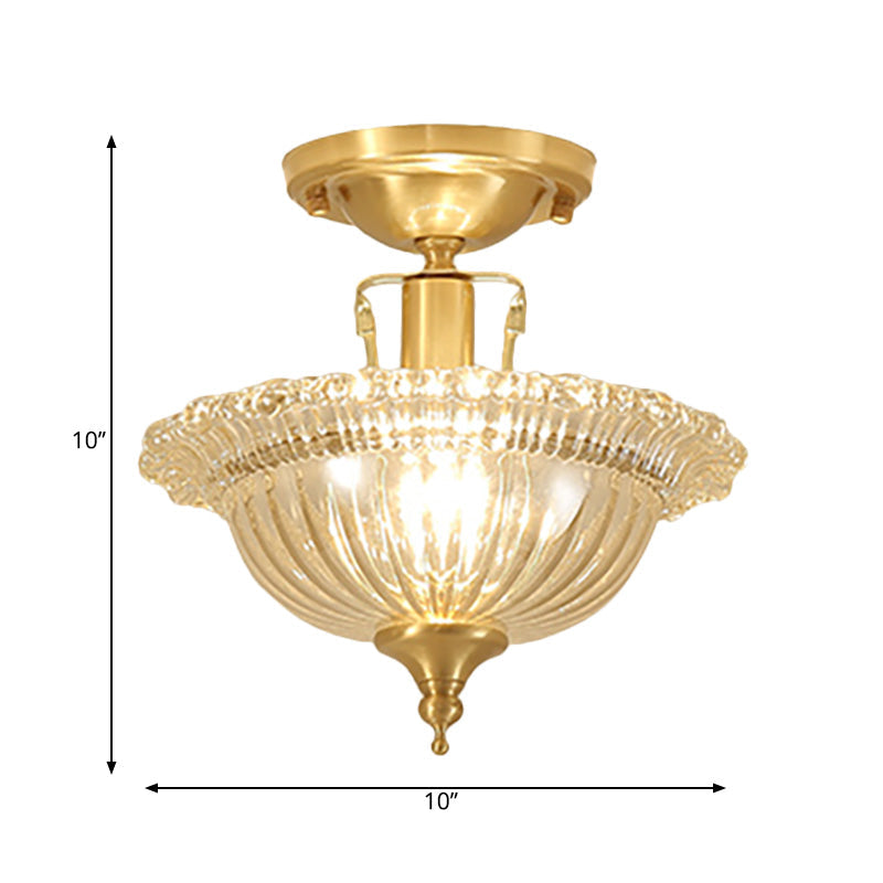 Contemporary Brass Ceiling Flush Mount With Flared Semi Ruffle Glass Shade - 1 Light