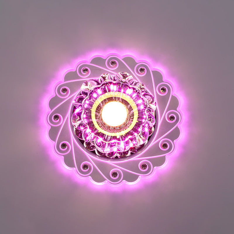Contemporary Led Flower Flush Crystal Ceiling Light For Elegant Passages Clear / Pink