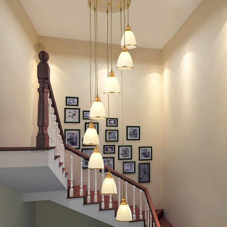 Simplicity Cream Glass Staircase Hanging Light With Spiral Bell Shade - Multi Pendant