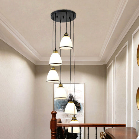 Simplicity Cream Glass Staircase Hanging Light With Spiral Bell Shade - Multi Pendant
