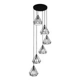 Sleek Black Spiral Diamond Cage Pendant Light With 6 Bulbs - Ideal For Stairwell Or Suspension