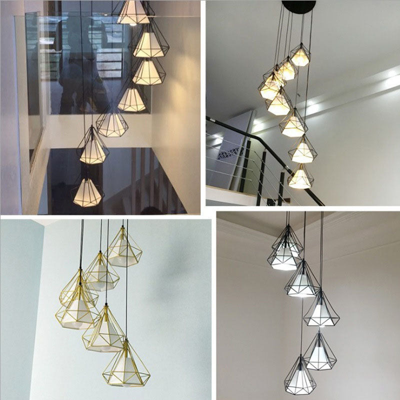 Sleek Black Spiral Diamond Cage Pendant Light With 6 Bulbs - Ideal For Stairwell Or Suspension