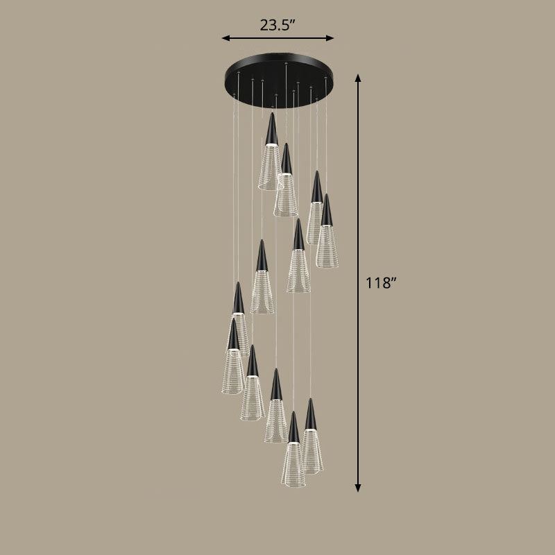 Spiral Conical Pendant Light For Modern Stairwells - Multi-Light Acrylic Hanging Fixture 12 / Black