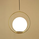 Modern Gold Ring Globe Pendant Ceiling Light With Cream Glass - Bedside Pendulum Design