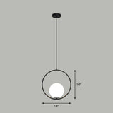Simple White Glass Pendant Light With Metal Ring - Ball Ceiling Lamp Black / 14