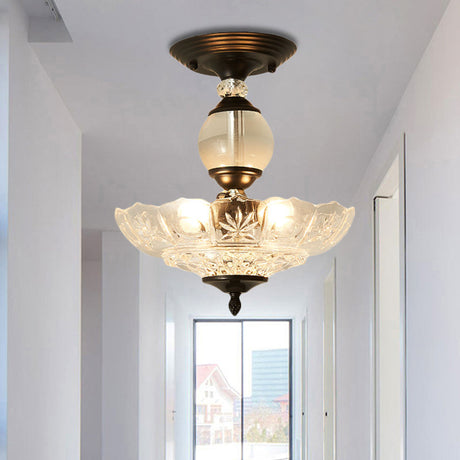 Modern Ribbed Glass Semi Flush Mount Light In Black/Gold - 12/16 Diameter 1 Crystal Ceiling Lamp