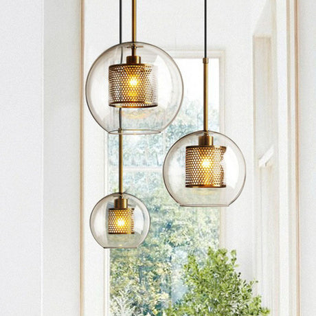 Clear Glass Geometric Pendant Lamp With Mesh Guard - Postmodern Design