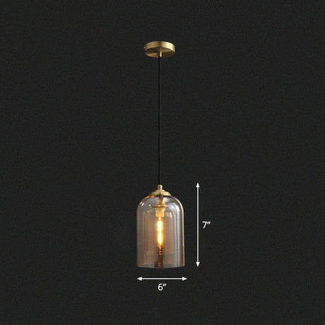 Modern Bedroom Hanging Lamp With Double Glass Cloche Shade Cognac