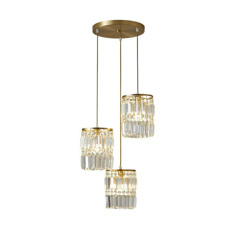 Postmodern 3-Head Gold Hanging Lamp Kit With Cylinder Crystal Prisms