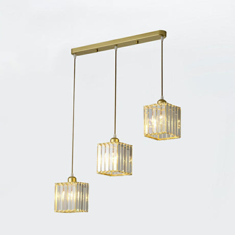 Postmodern Clear Crystal Block Pendant Light - 3-Light Hanging Fixture For Living Room Ceiling Gold