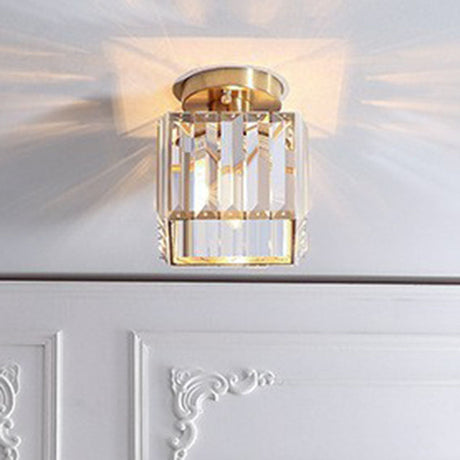 Golden Crystal Prism Semi Flush Mount Light For Foyer With Simple Style