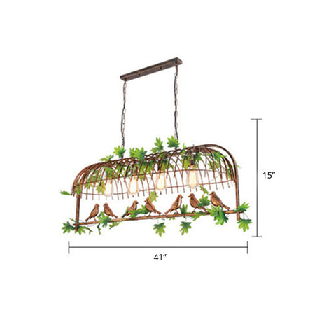 Rustic Iron Bird Cage Pendant Light With Ivy Decor - Industrial Hanging Island For Restaurants