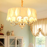 Traditional Round Chandelier With Crystal Stands And 5 Fabric Shaded Lights