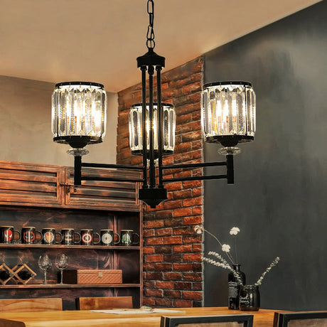 Retro Crystal Pendant Light With Adjustable Chain - Black 3/6/8 Lights