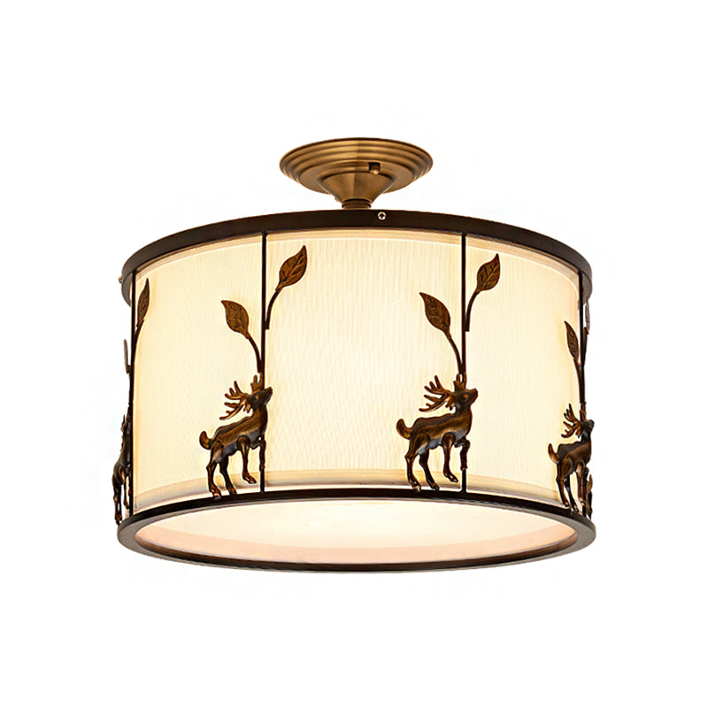 Traditional White Drum Fabric Semi Flush Ceiling Light Fixture - 3 Lights Living Room