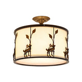 Traditional White Drum Fabric Semi Flush Ceiling Light Fixture - 3 Lights Living Room