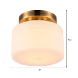 Traditional Brass Ceiling Light: White Glass Drum Flushmount For Living Room