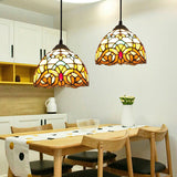 Beige Antique Stained Glass Pendant Light With Floral Shade