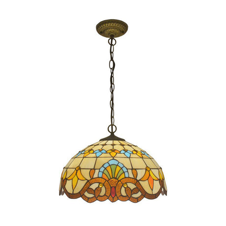 Beige Antique Stained Glass Pendant Light With Floral Shade