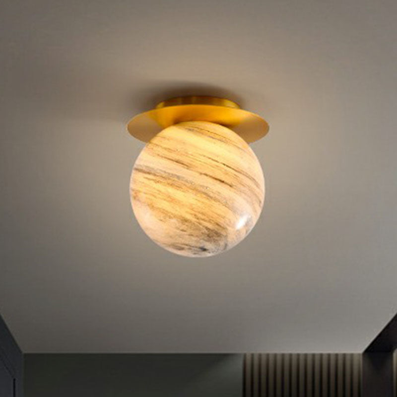 Nordic 1-Light Stained Glass Flush Mount Lamp: Elegant Brass Finish Ceiling Light For Corridor