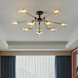 Modern Radial Chandelier With 10 Lights Black And Brass Finish Glass Ball Shades Clear