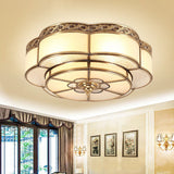 Traditional Brass Finish Ceiling Mount Lamp With Frost Glass - Flower Corridor Flush Light Fixture