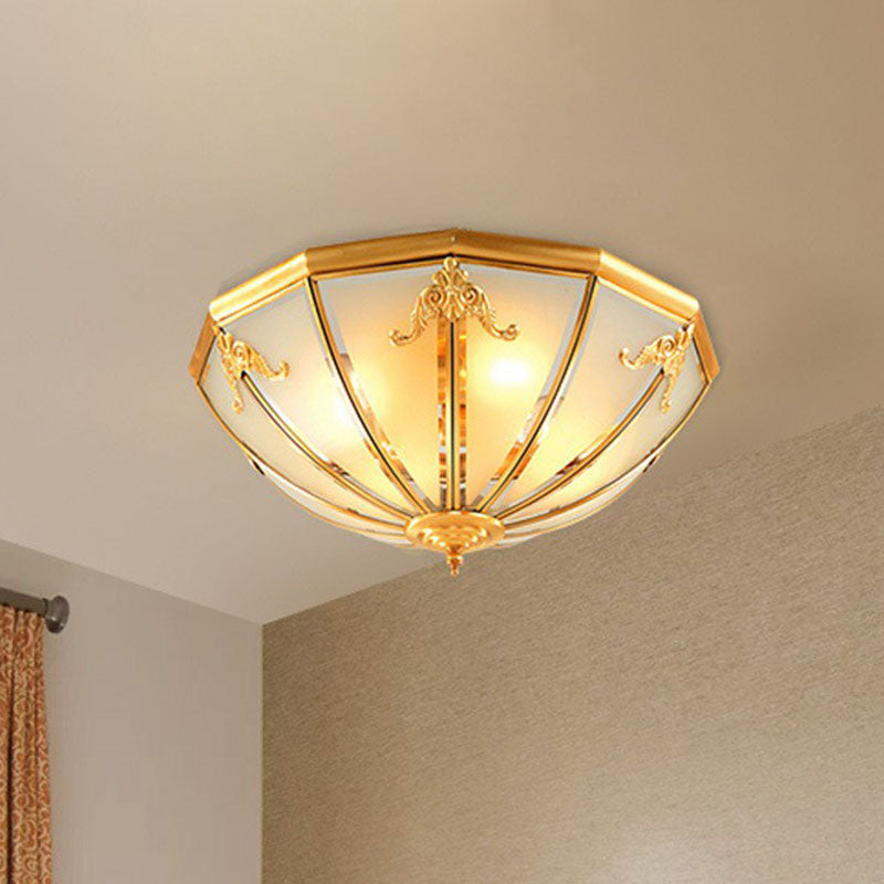 Colonial Style 3-Light Hemispherical Brass Ceiling Light With Frosted White Glass - Flush Mount Lamp