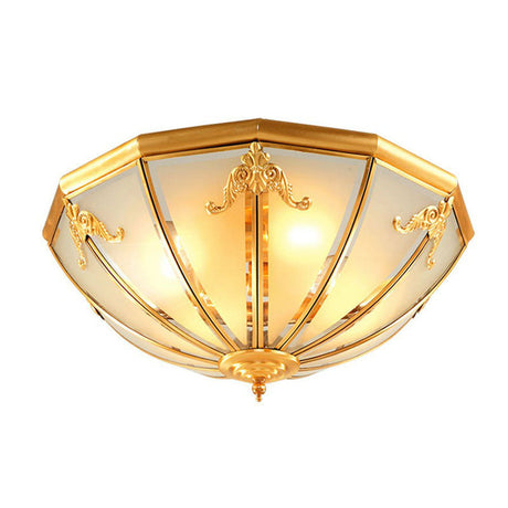Colonial Style 3-Light Hemispherical Brass Ceiling Light With Frosted White Glass - Flush Mount Lamp