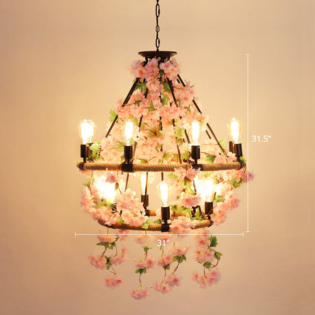 Wagon Wheel Farmhouse Metal Chandelier With Plant Accents - Dining Room Hanging Light 14 / Pink