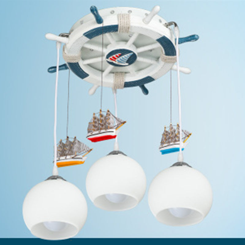 Cartoon 3 Bulb Cream Glass Dome Ceiling Light Flush Mount With Rudder Canopy (White) White / 18