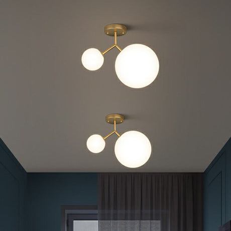 Sleek Gold Semi Flush Mount Ceiling Light With Minimalist Milky Glass - 2-Head Flushmount Lighting