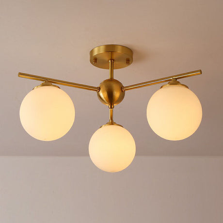Simplicity Milk Glass Globe Semi Flush Mount Light - 3-Bulb Antiqued Gold Ceiling Fixture / Small