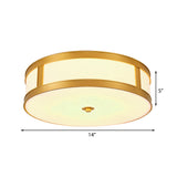 Traditional Brass Drum Flush Mount Ceiling Light Fixture With White Glass - 4 Lights 14/18 Width