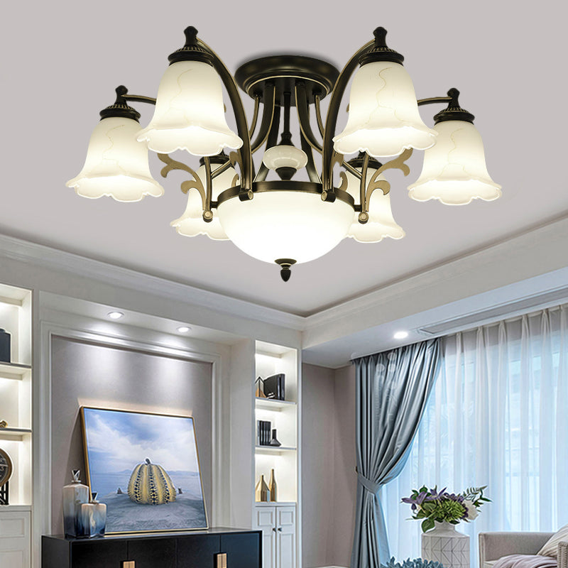 Vintage Floral White Glass Ceiling Lamp With 3/6/8 Lights For Dining Room - Semi Flush Mount In