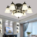 Vintage Floral White Glass Ceiling Lamp With 3/6/8 Lights For Dining Room - Semi Flush Mount In