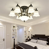 Vintage Floral White Glass Ceiling Lamp With 3/6/8 Lights For Dining Room - Semi Flush Mount In