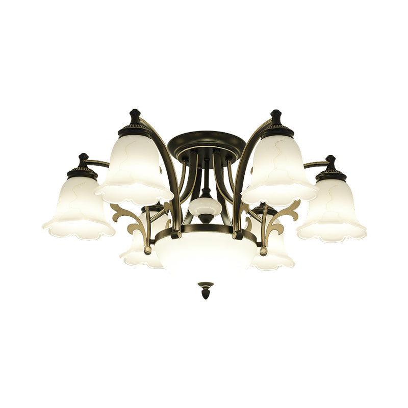 Vintage Floral White Glass Ceiling Lamp With 3/6/8 Lights For Dining Room - Semi Flush Mount In