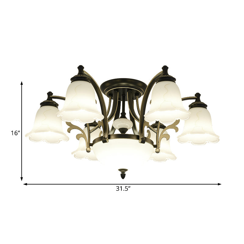 Vintage Floral White Glass Ceiling Lamp With 3/6/8 Lights For Dining Room - Semi Flush Mount In