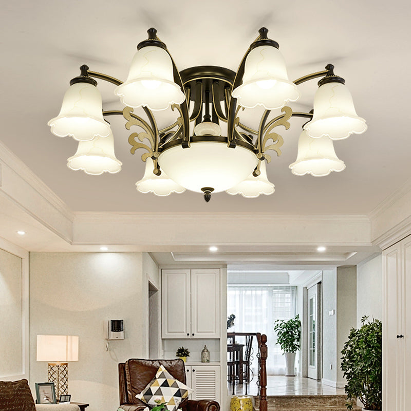 Vintage Floral White Glass Ceiling Lamp With 3/6/8 Lights For Dining Room - Semi Flush Mount In