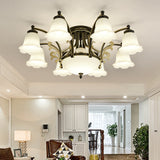 Vintage Floral White Glass Ceiling Lamp With 3/6/8 Lights For Dining Room - Semi Flush Mount In