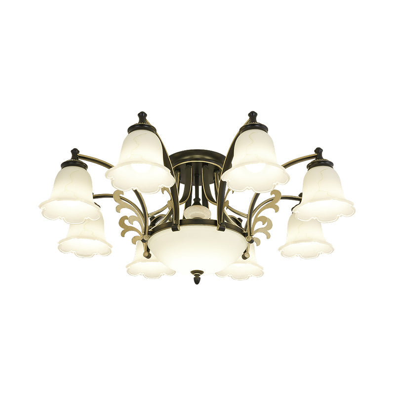 Vintage Floral White Glass Ceiling Lamp With 3/6/8 Lights For Dining Room - Semi Flush Mount In