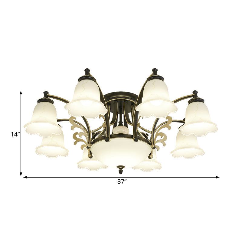 Vintage Floral White Glass Ceiling Lamp With 3/6/8 Lights For Dining Room - Semi Flush Mount In