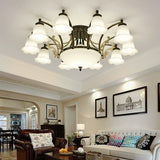 Vintage Floral White Glass Ceiling Lamp With 3/6/8 Lights For Dining Room - Semi Flush Mount In