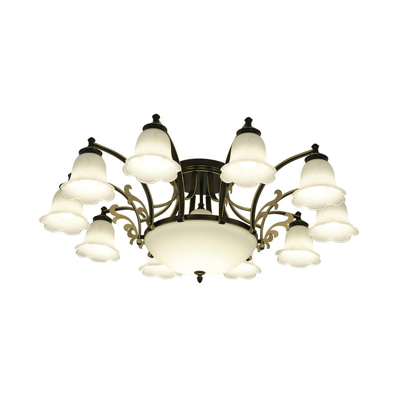 Vintage Floral White Glass Ceiling Lamp With 3/6/8 Lights For Dining Room - Semi Flush Mount In