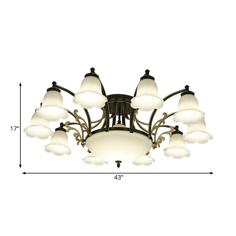 Vintage Floral White Glass Ceiling Lamp With 3/6/8 Lights For Dining Room - Semi Flush Mount In