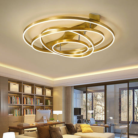 Gold Finish Ring Ceiling Mounted Led Semi Flush Light With Artistic Metal Detailing