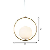 White Glass Hanging Lamp With Brass Metal Ring - Post-Modern Pendant Light / 12